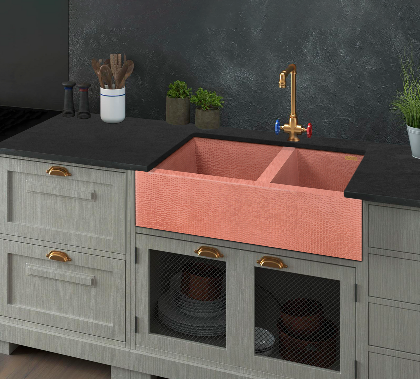 Premium Tarja De Cocina Farmhouse 60/40 En Cobre