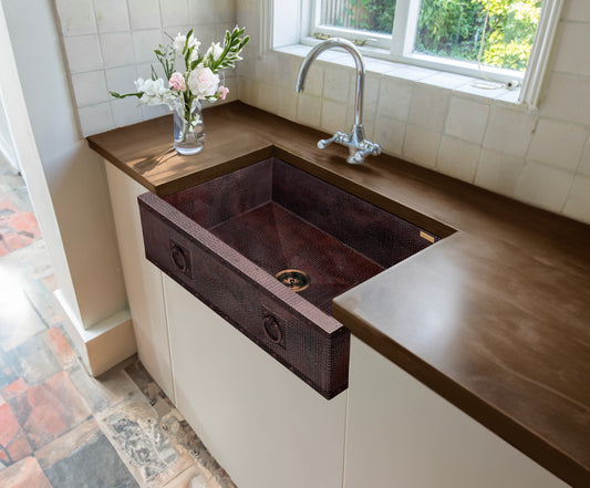 Premium Tarja de Cocina Farmhouse en Cobre Diseño Anillos