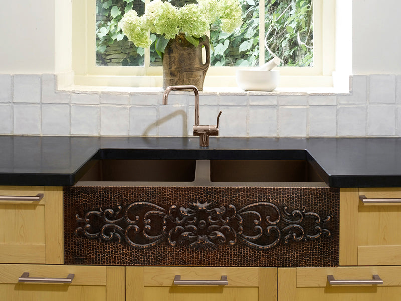 Premium Tarja de Cocina Farmhouse 50/50 en Cobre con Diseño