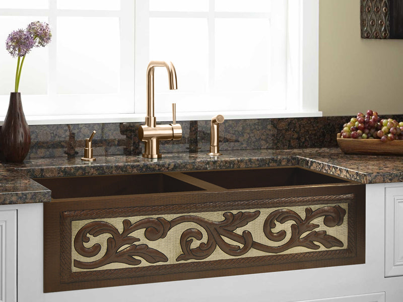 Premium Tarja de Cocina Farmhouse 50/50 en Cobre y Diseño en Plata