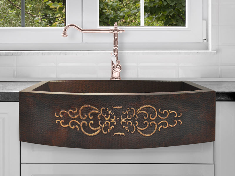 Premium Tarja de Cocina Farmhouse con Faldón Redondo en Cobre con Diseño