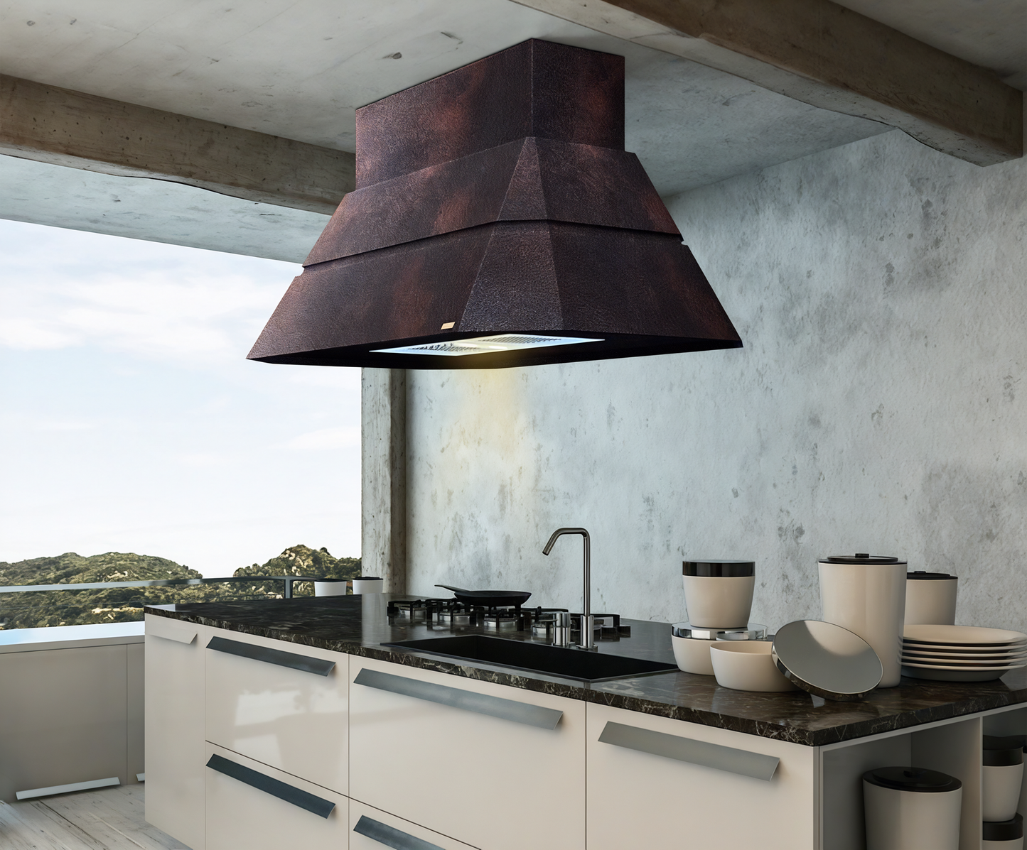Premium Campana de Cocina Volcano para Isla en Cobre Diseño Teotihuacan