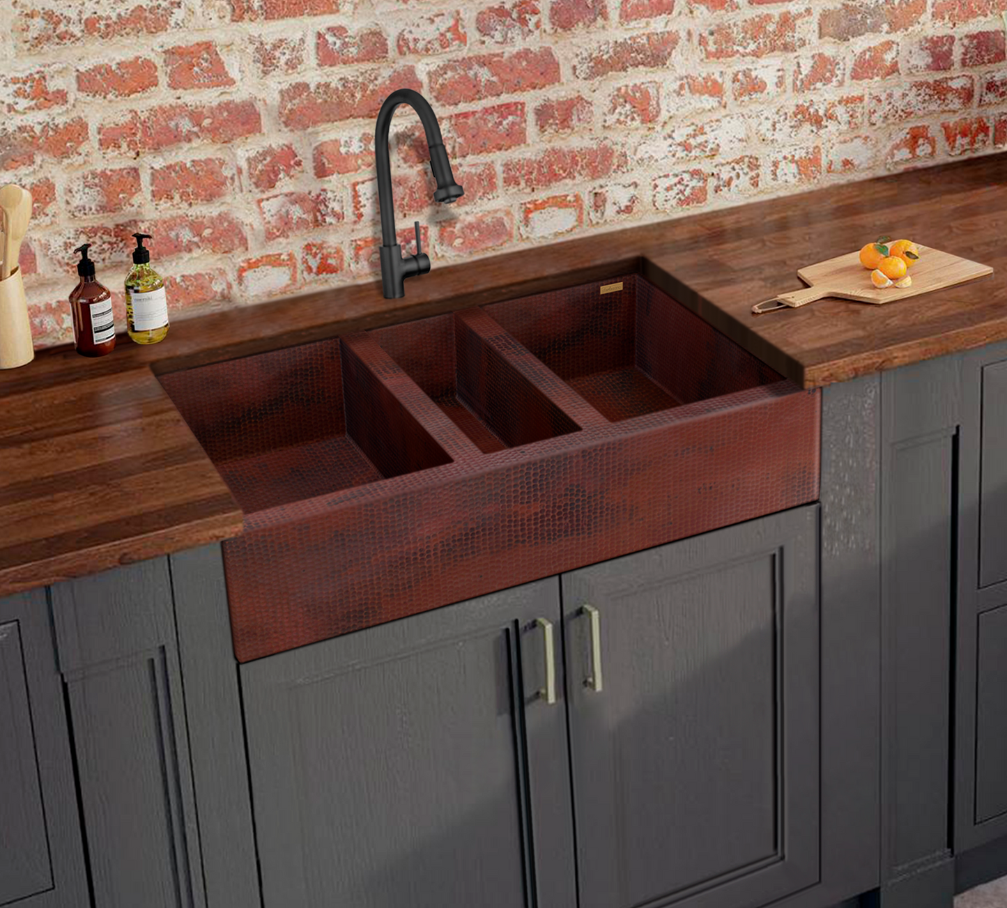 Premium Tarja De Cocina Farmhouse En Cobre Con Tres Divisiones