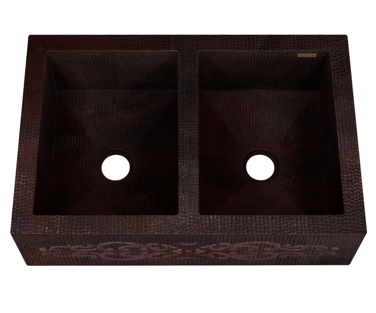 Premium Tarja de Cocina Farmhouse 50/50 en Cobre y Diseño en Plata