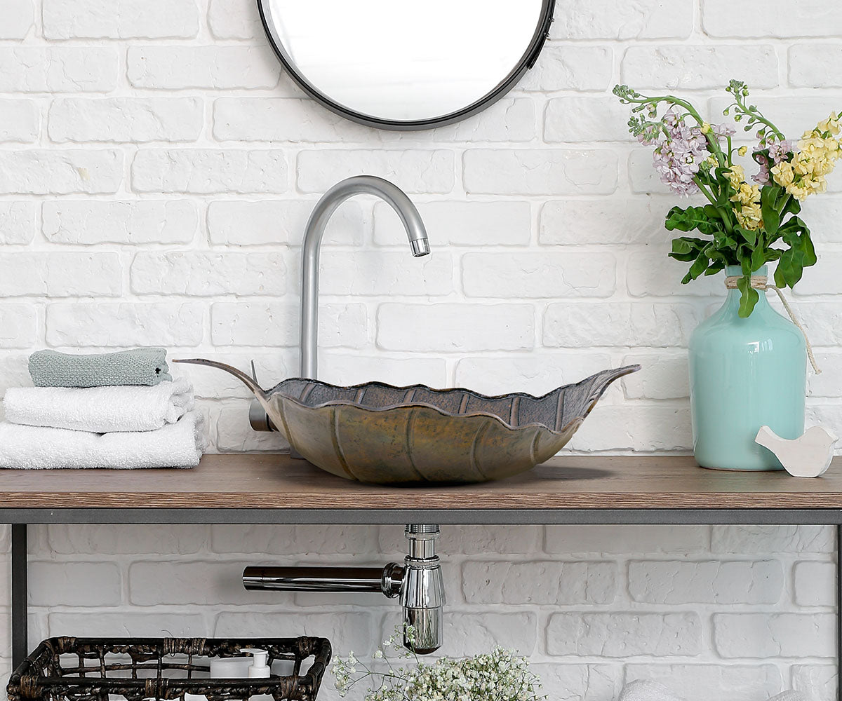 Premium Lavabo Vessel en Cobre Diseño Hoja de Roble