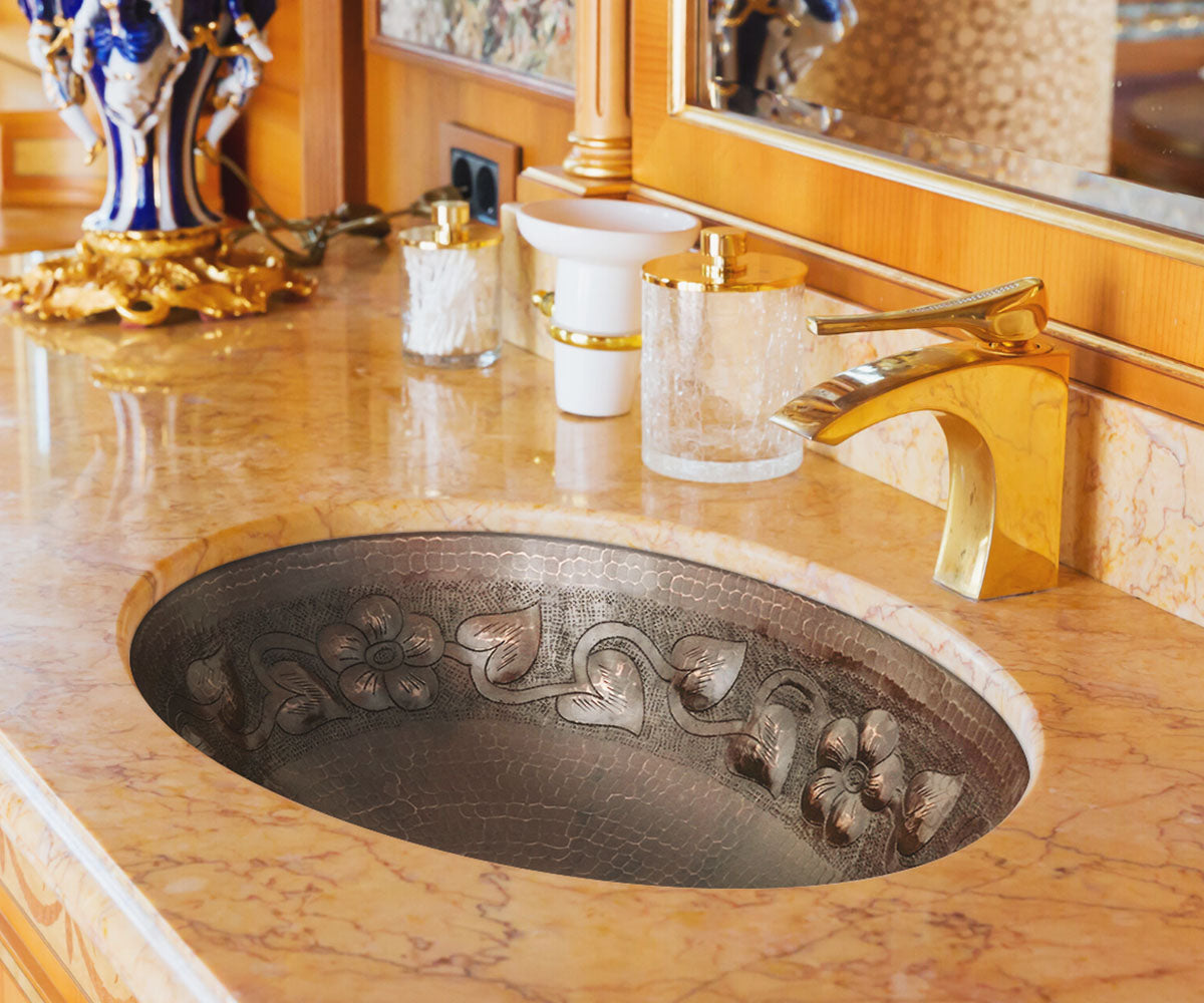 Premium Lavabo Ovalado en Cobre con Diseño Floral