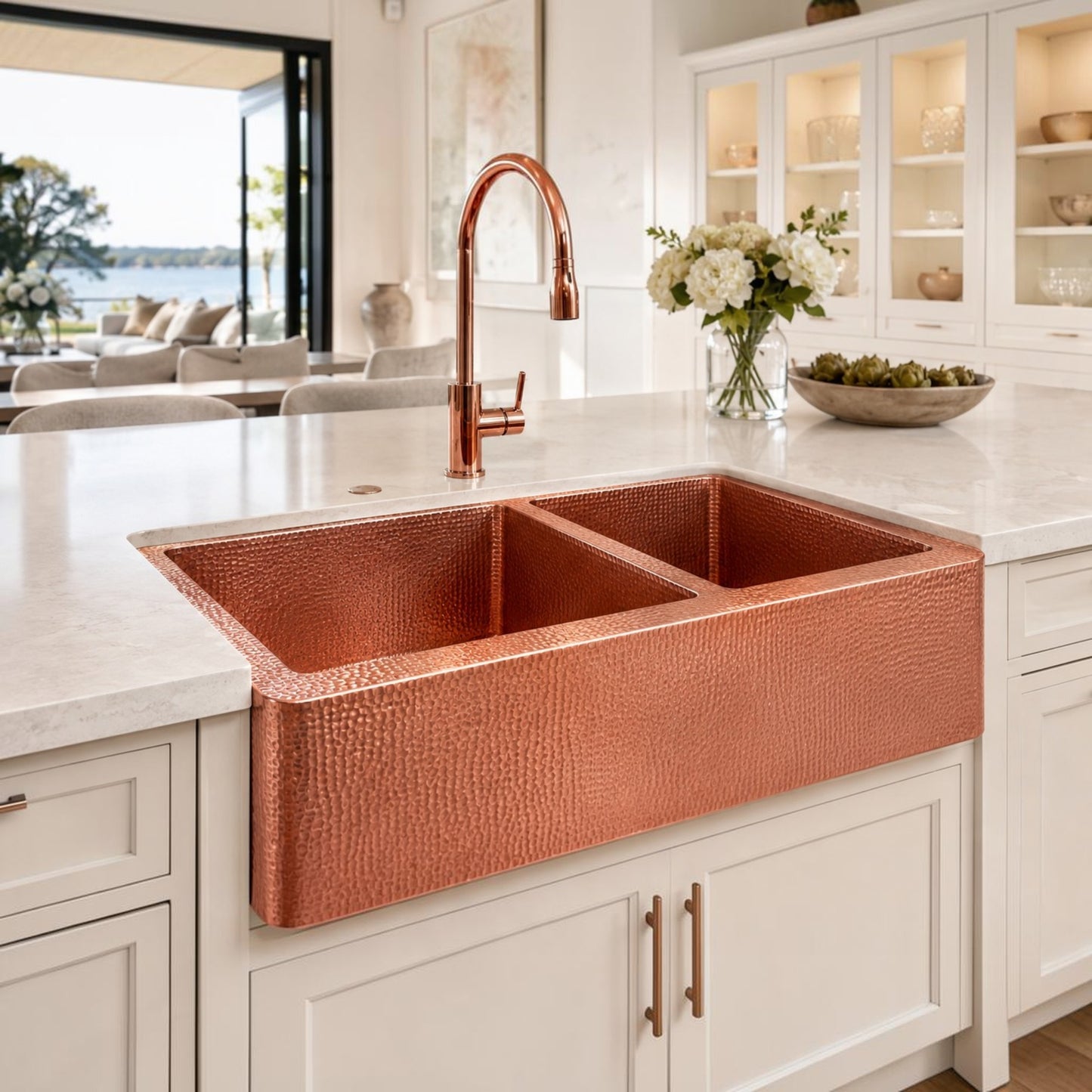 Premium Tarja de Cocina Farmhouse 50/50 en Cobre