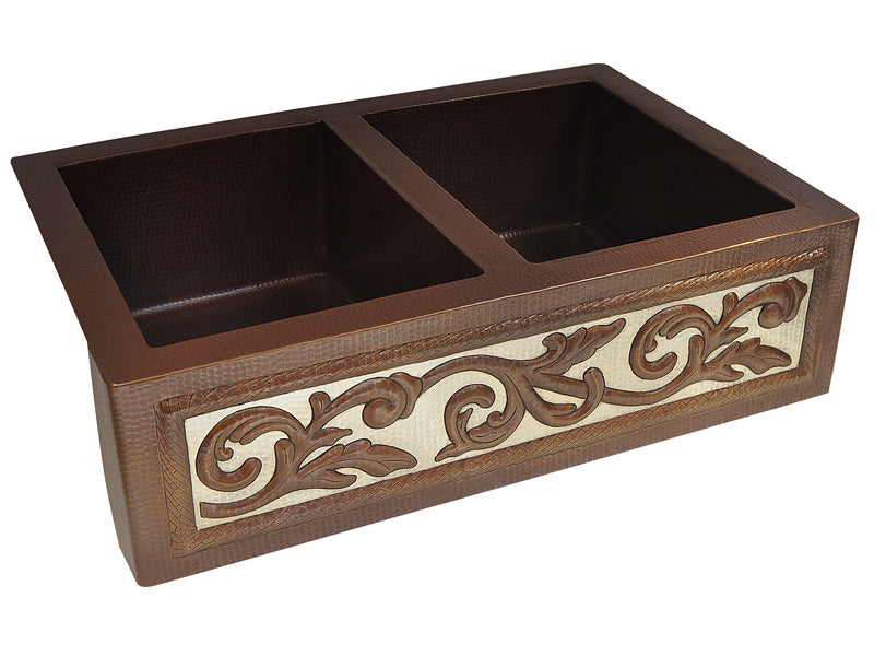 Premium Tarja de Cocina Farmhouse 50/50 en Cobre y Diseño en Plata