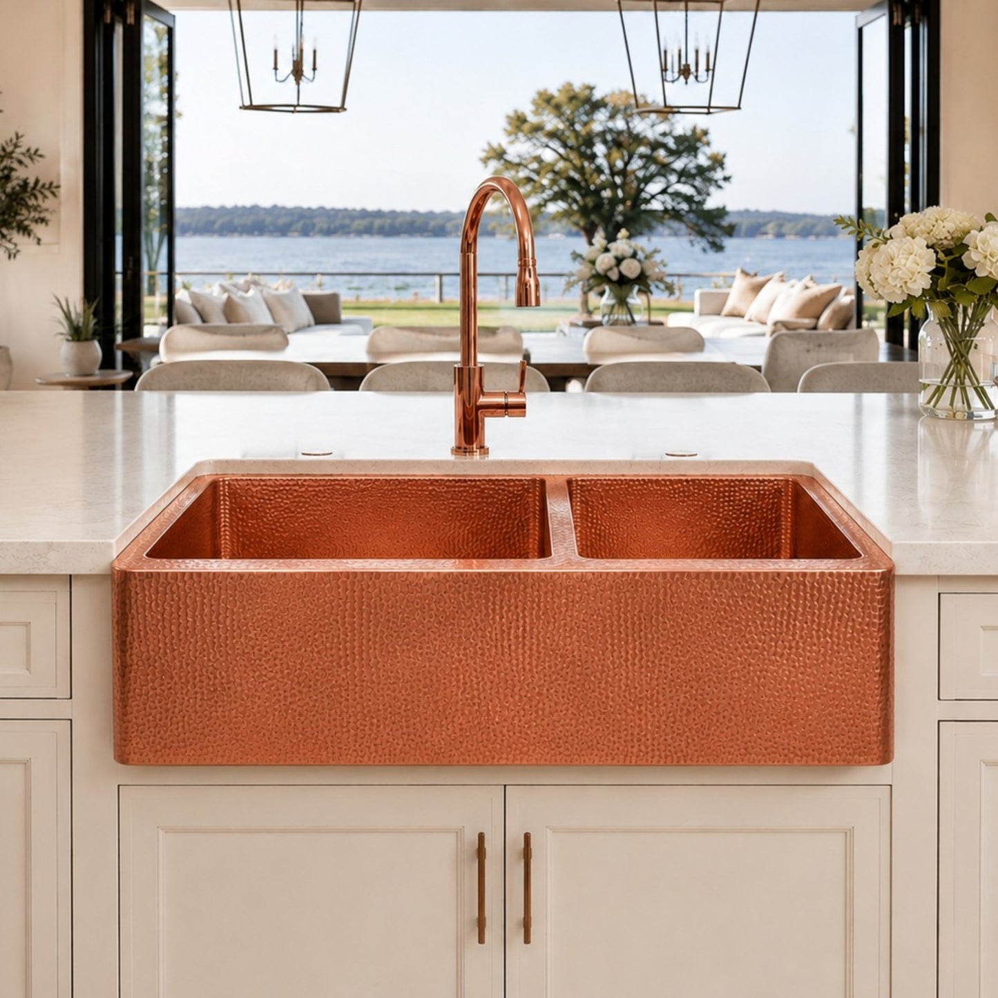 Premium Tarja de Cocina Farmhouse 60/40 en Cobre