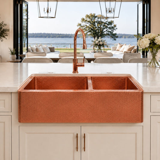 Premium Tarja de Cocina Farmhouse 60/40 en Cobre