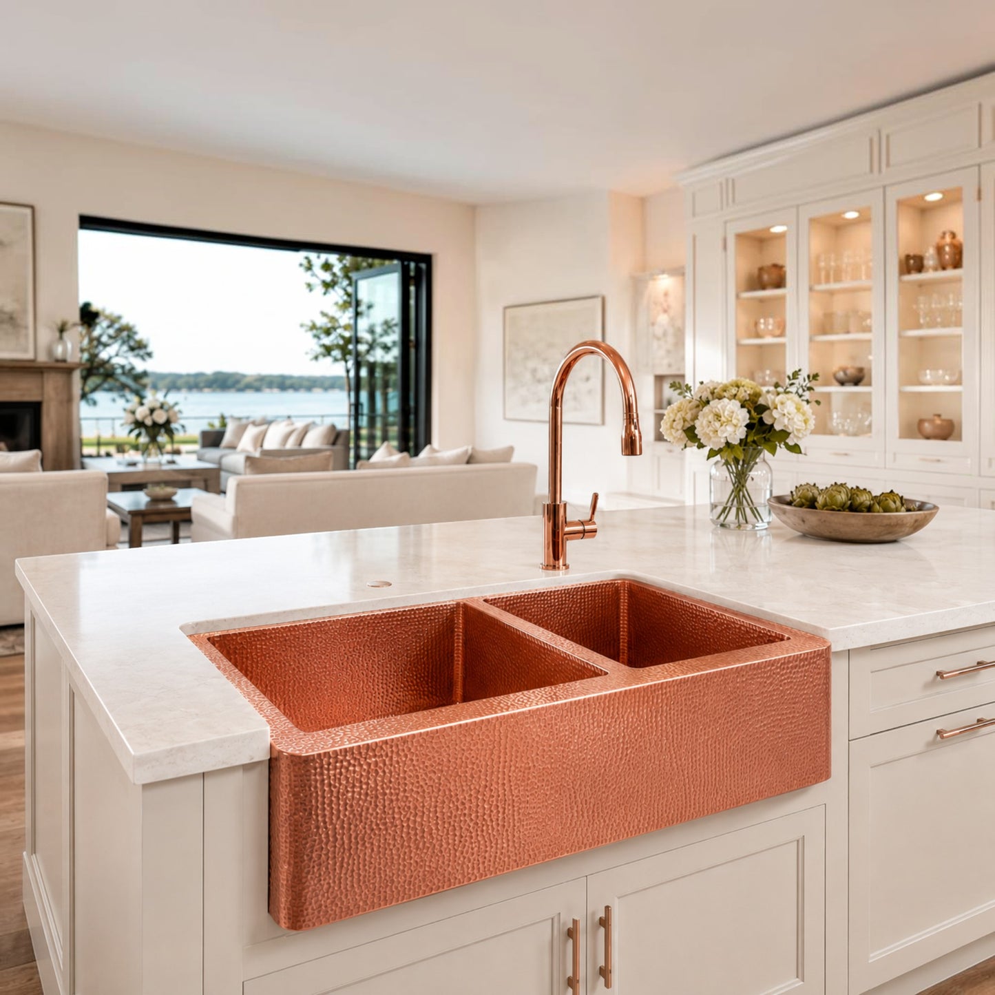 Premium Tarja de Cocina Farmhouse 60/40 en Cobre