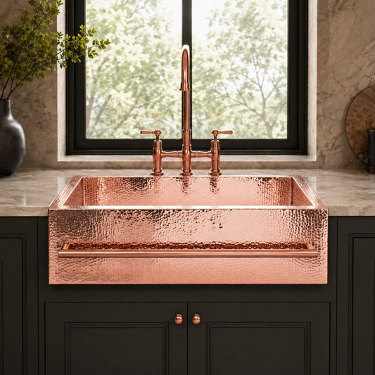 Premium Tarja de Cocina Farmhouse en Cobre con Toallero Cuadrado