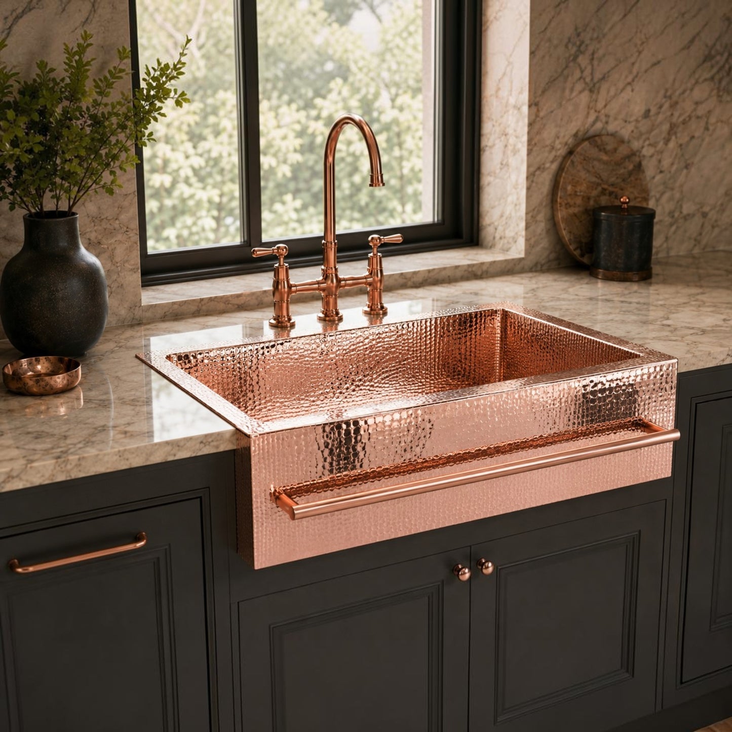 Premium Tarja de Cocina Farmhouse en Cobre con Toallero Cuadrado