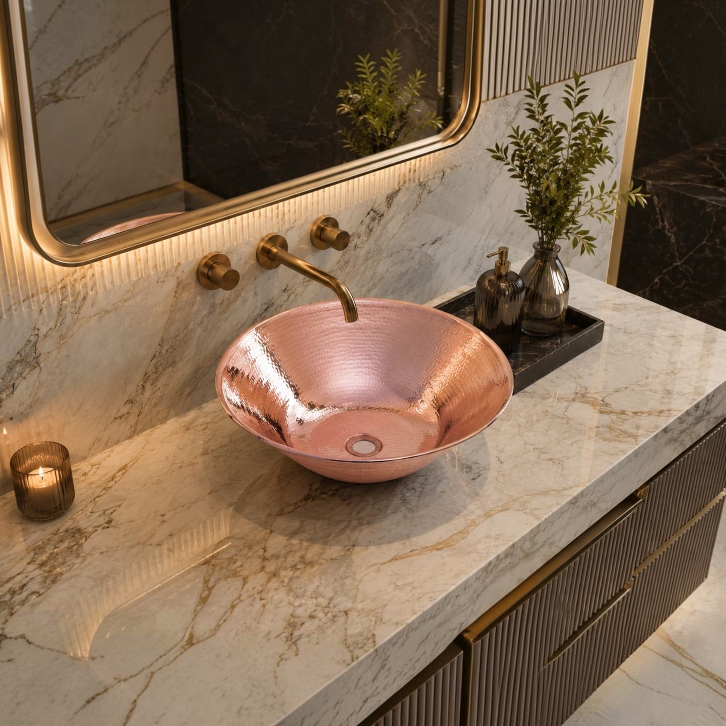 Premium Lavabo Vessel Redondo con Bordo Alambrado en Cobre