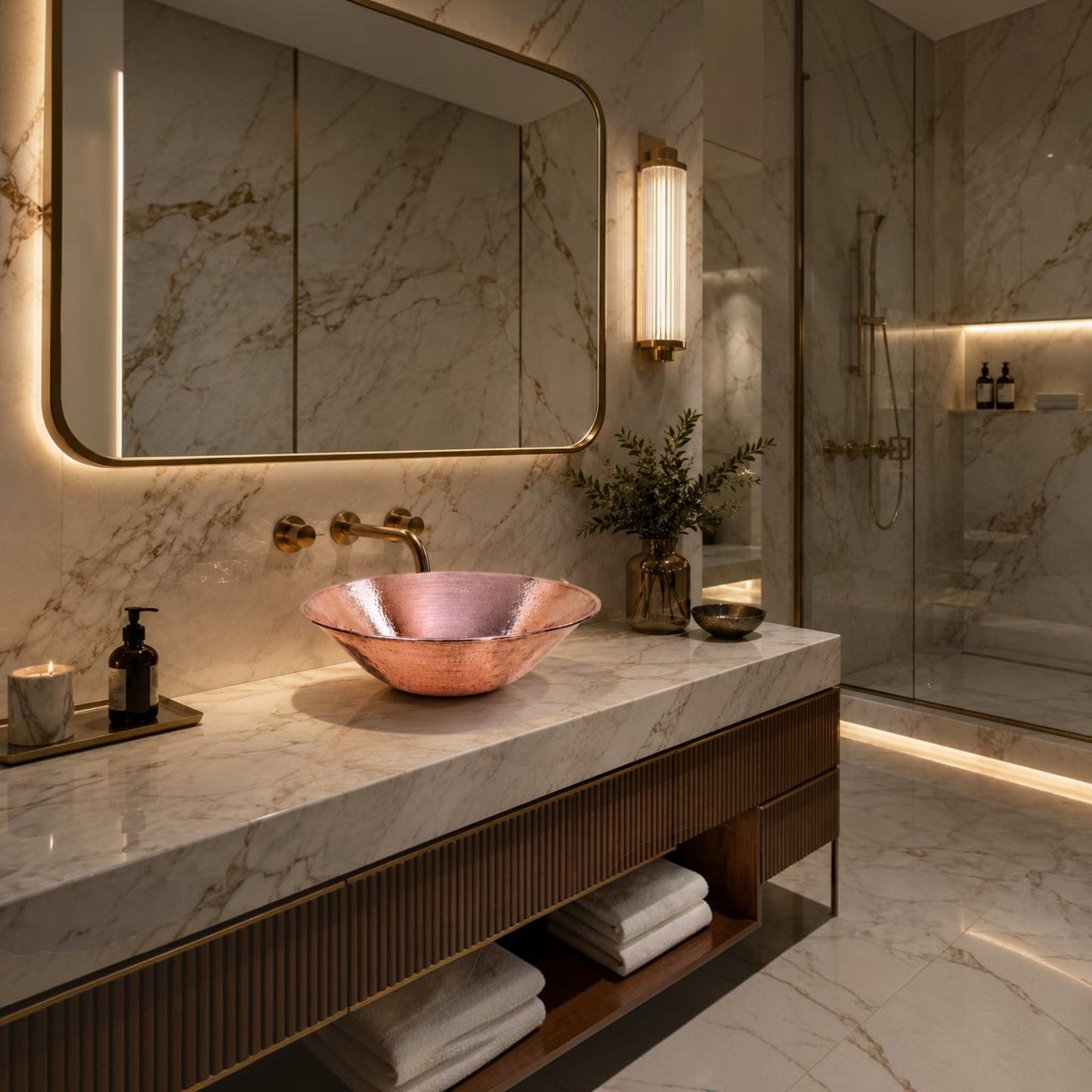 Premium Lavabo Vessel Redondo con Bordo Alambrado en Cobre