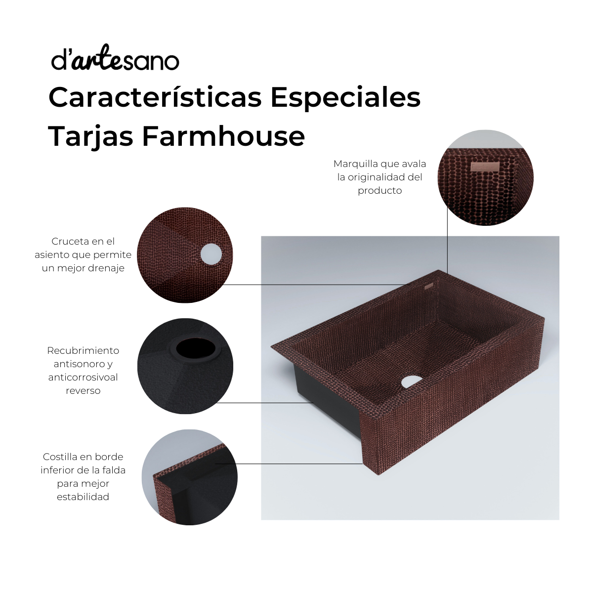 Premium Tarja de Cocina Farmhouse 50/50 en Cobre