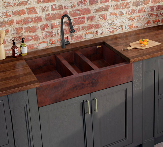 Farmhouse Copper Kitchen Sink with Three Divisions