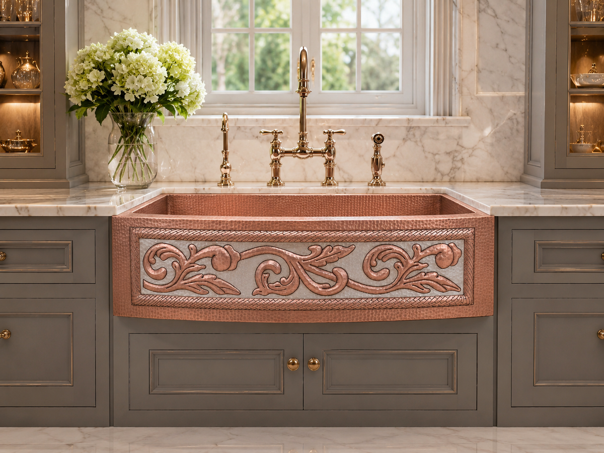 Premium Tarja de Cocina Farmhouse con Faldón Redondo en Cobre y Diseño en Plata