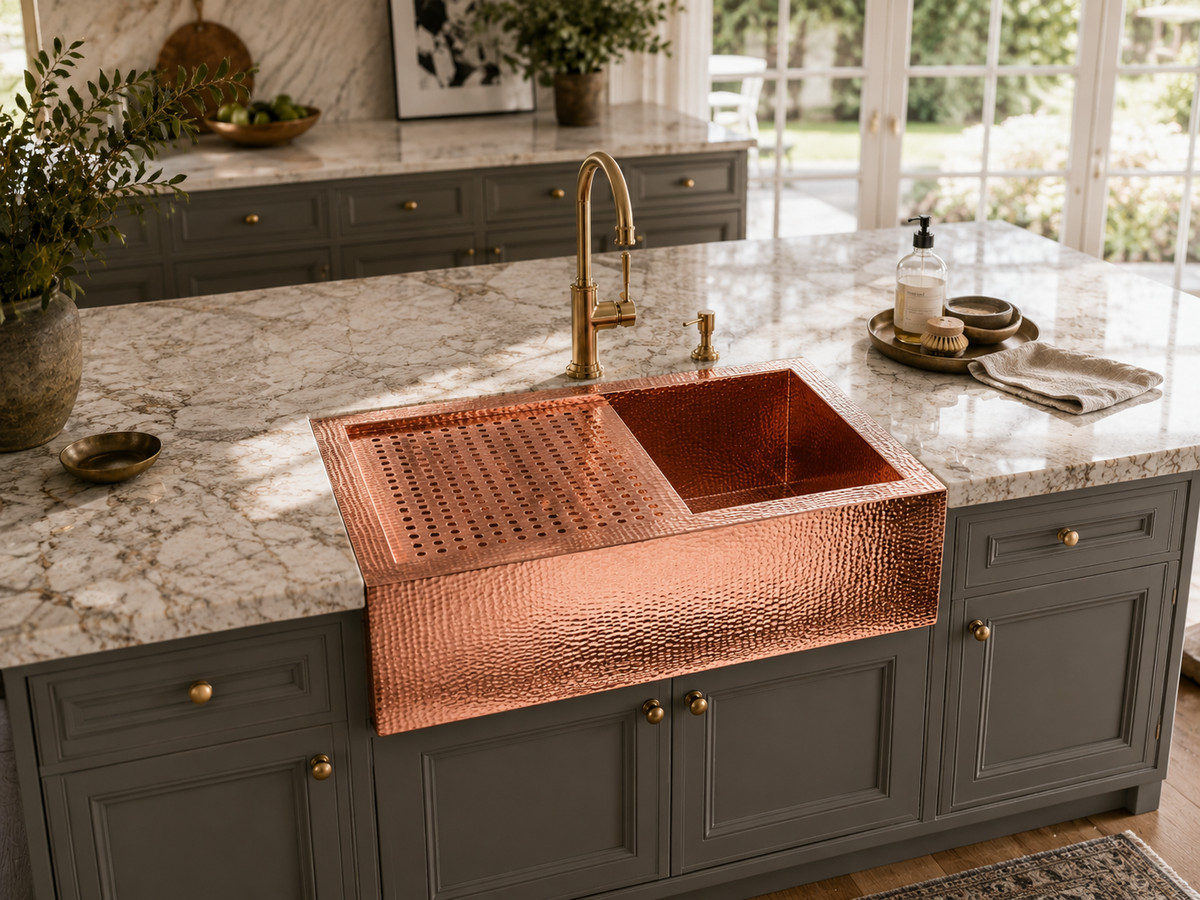 Premium Tarja de Cocina Farmhouse en Cobre con Escurridor Desmontable