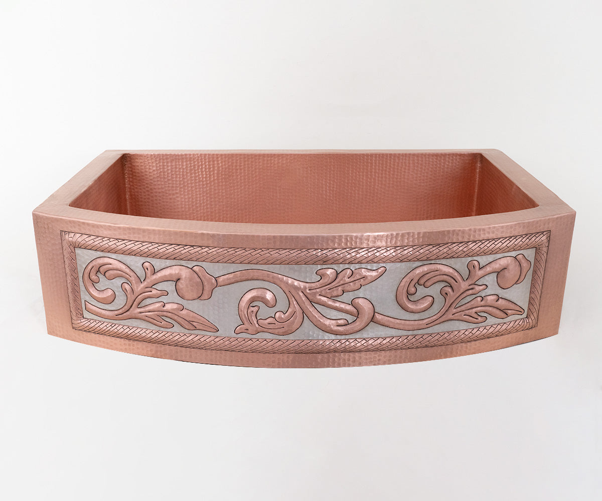 Premium Tarja de Cocina Farmhouse con Faldón Redondo en Cobre y Diseño en Plata